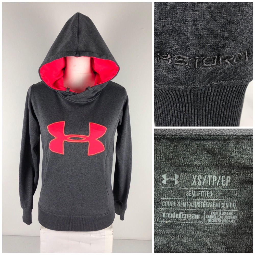 Under Armour Womens XS Armour® Fleece Storm Big Logo Hoodie Gray EUC